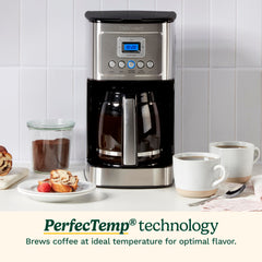 Cuisinart glass carafe on warming plate showing adjustable temperature settings for kept-hot coffee
