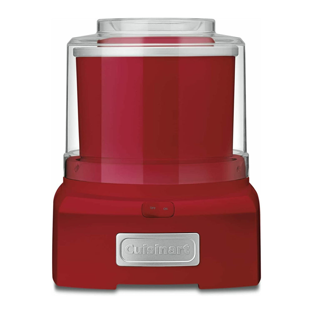 Cuisinart front view of red ice cream maker shows compact convenience