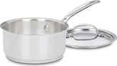 Cuisinart saucepan front view showcasing polished stainless finish and lid benefit even heating