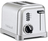 Cuisinart 2-slice toaster front view in stainless steel showing compact design and polished finish