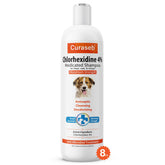 Curaseb bottle front label showing chlorhexidine formula and vet-strength benefit