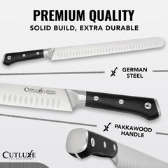 Cutluxe close-up of razor-sharp German steel blade highlighting edge for clean cuts