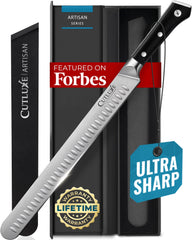 Cutluxe front view of the 12 inch brisket knife showing full blade and handle for precise slicing