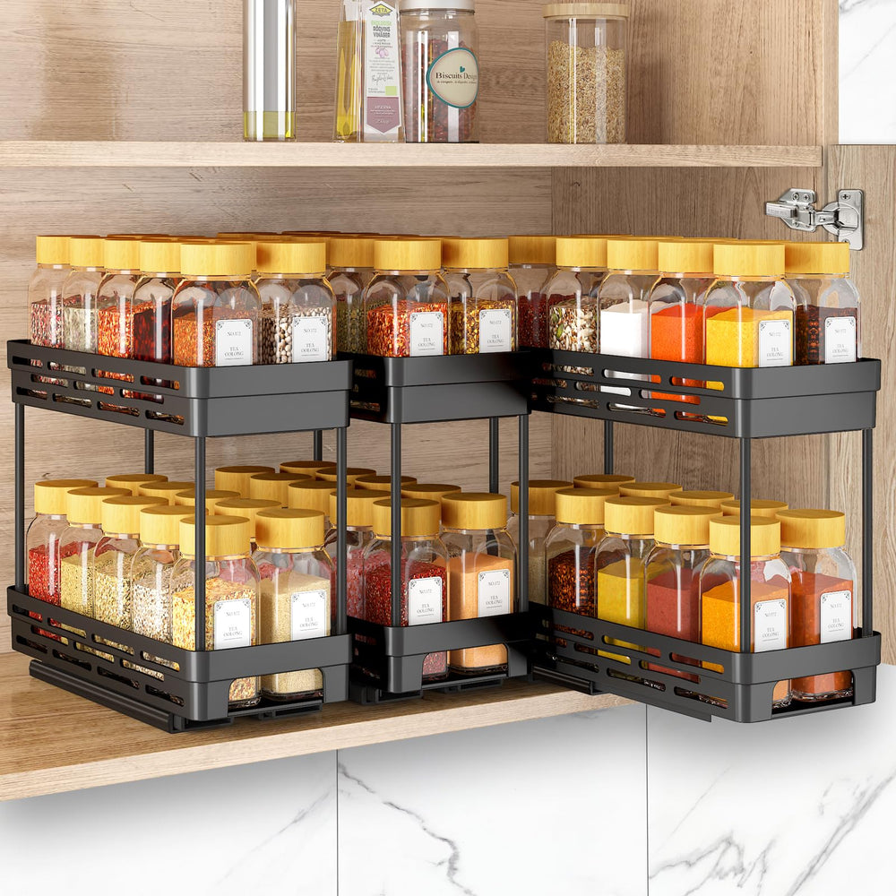 DABIGE front view of three black pull-out spice racks showing compact organization benefit