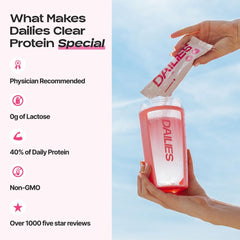 DAILIES powder texture in spoon showing fine clear whey isolate for fast mixability
