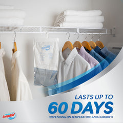 DampRid bag hanging in closet freshening clothes and preventing musty odor