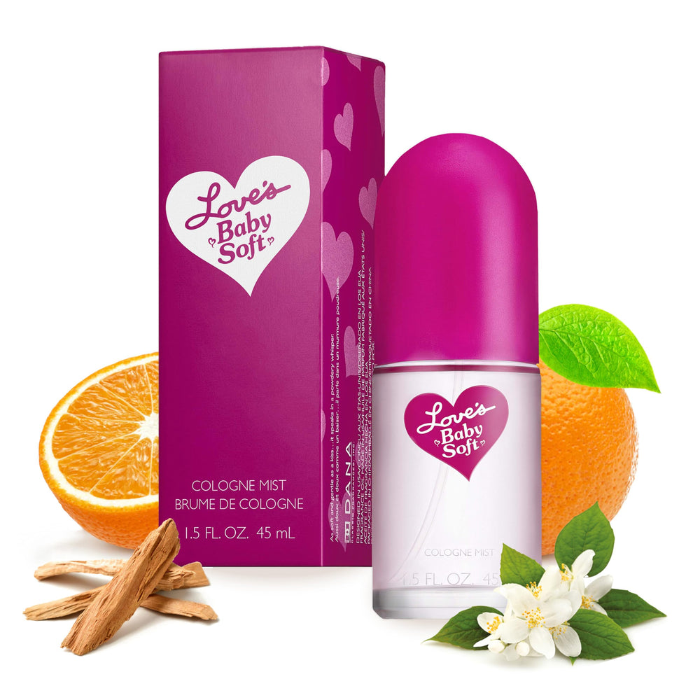 Dana Love's Baby Soft front bottle displays soft pink packaging and vintage charm