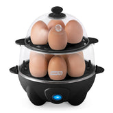 DASH front view of the egg cooker showing compact black design and quick cooking benefit