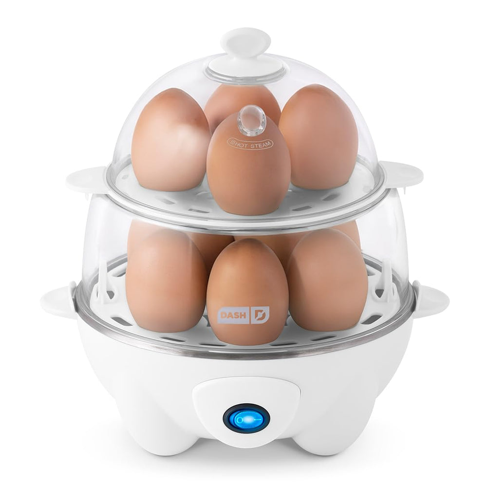 DASH front view of white egg cooker showing compact design and convenience