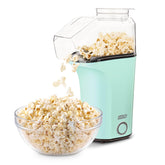 Dash front view aqua popcorn maker showing compact design and quick popping benefit