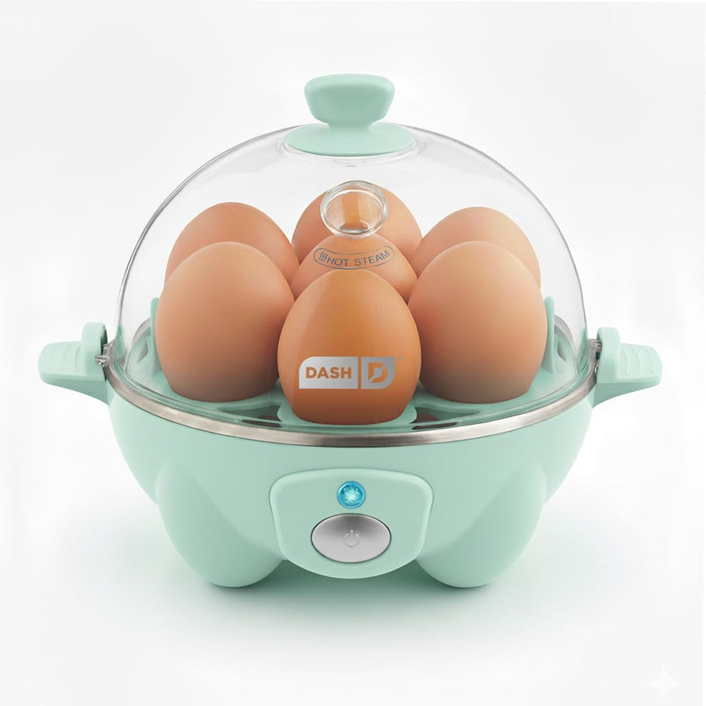 DASH front view of aqua rapid egg cooker showing controls and compact benefit