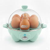 DASH front view of aqua rapid egg cooker showing controls and compact benefit
