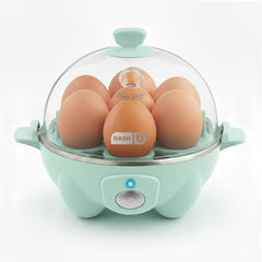 DASH front view of aqua rapid egg cooker showing controls and compact benefit