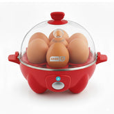 Dash Rapid Egg Cooker front view showing compact red design and benefit of small footprint