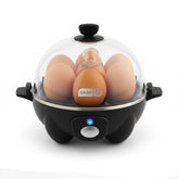DASH front view showing compact black egg cooker and power indicator for fast breakfasts