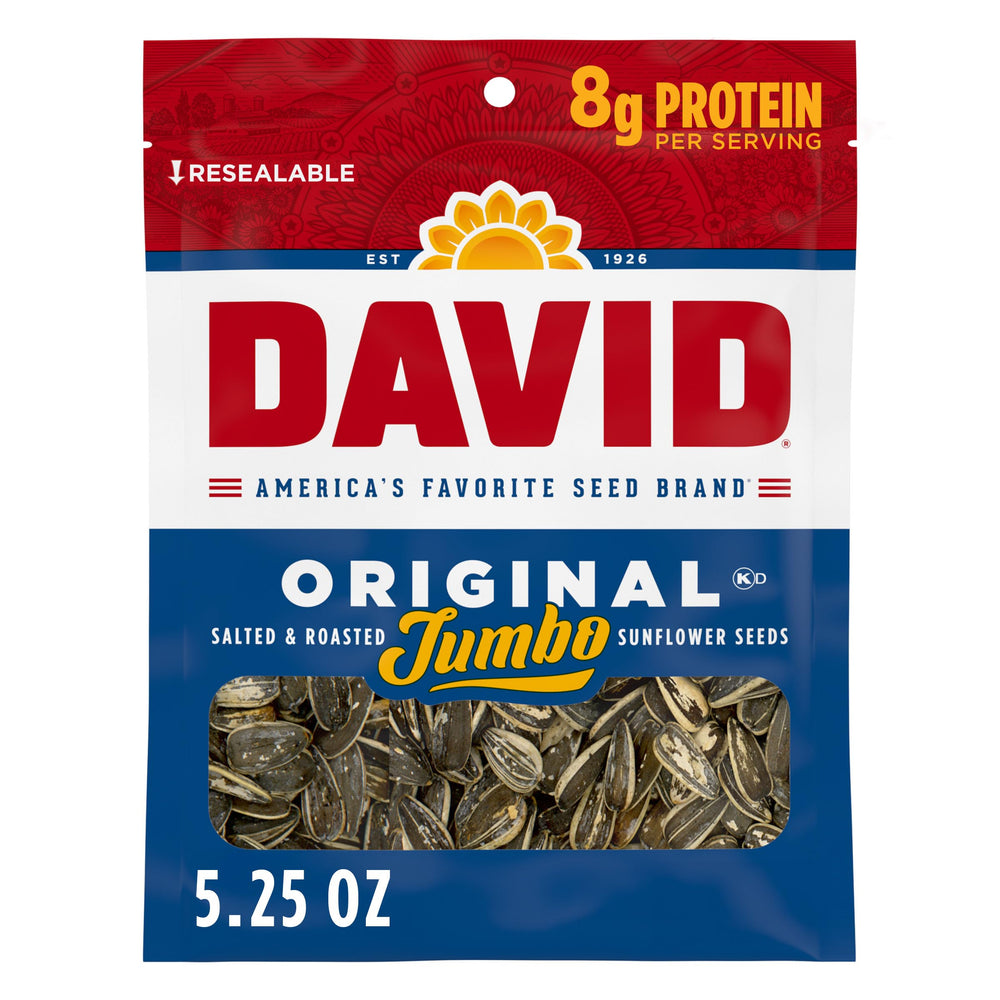 David front pack showing roasted salted jumbo seeds and portable convenience