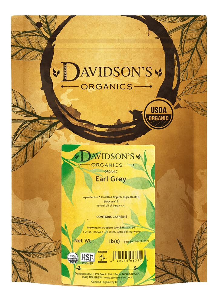 Davidson's front package of Earl Grey 16-ounce organic bag showing brand and bulk size benefits