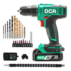 DCA ADJZ2035 front view showing compact drill and included bits for versatile projects