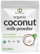 DEAL SUPPLEMENT front packaging of 3lb coconut milk powder, clear product info benefit