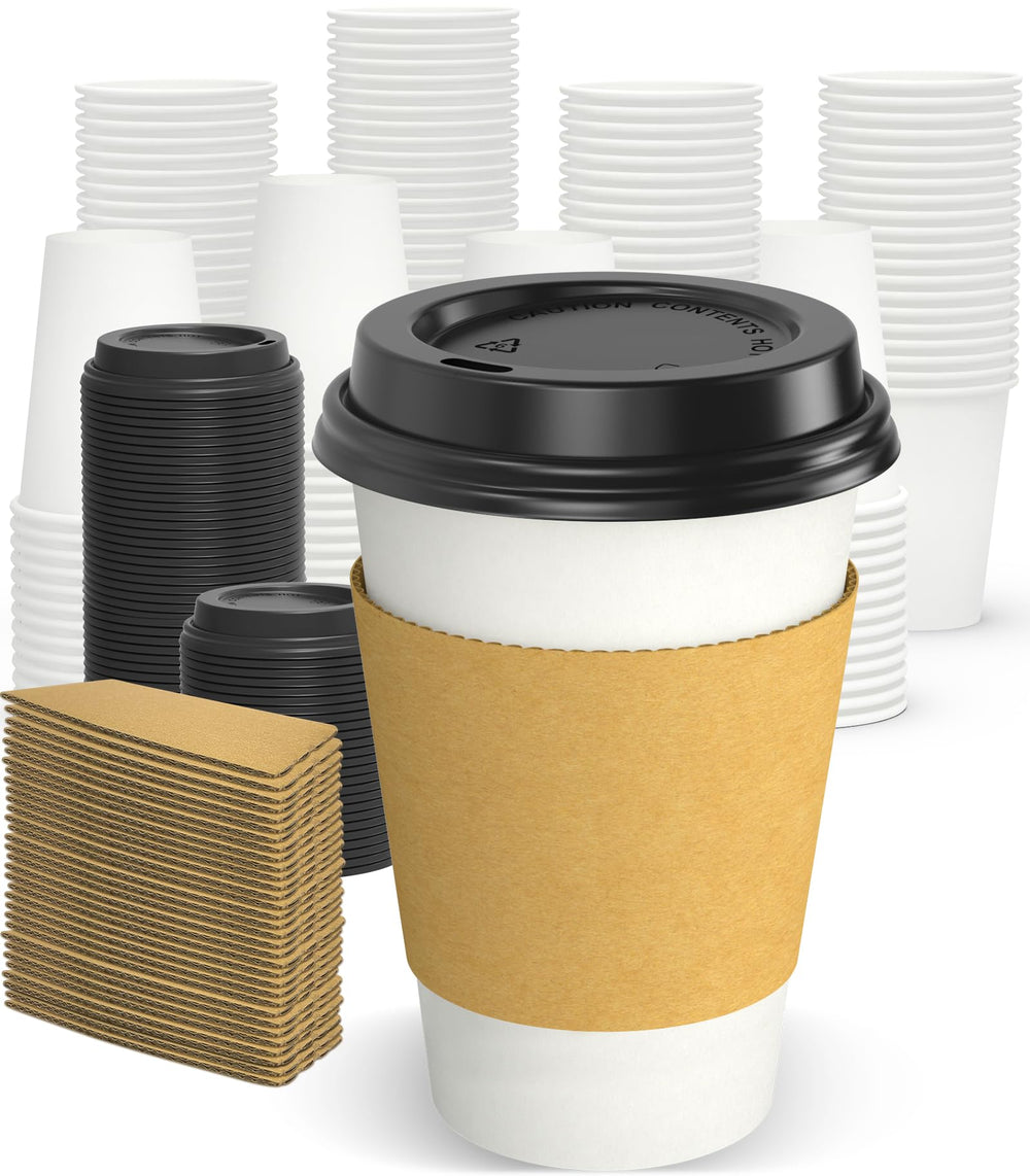 Dealusy 12 oz cups front packaging showing full 100 pack and included lids