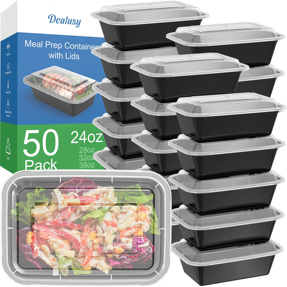 Dealusy front pack showing 50-pack 24 oz containers and lids, convenient bulk value