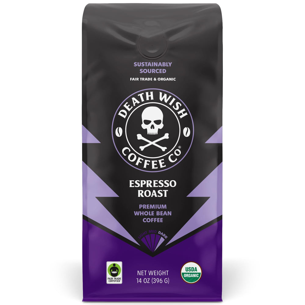 Death Wish Coffee front packaging showing bold branding and 14 oz size benefit