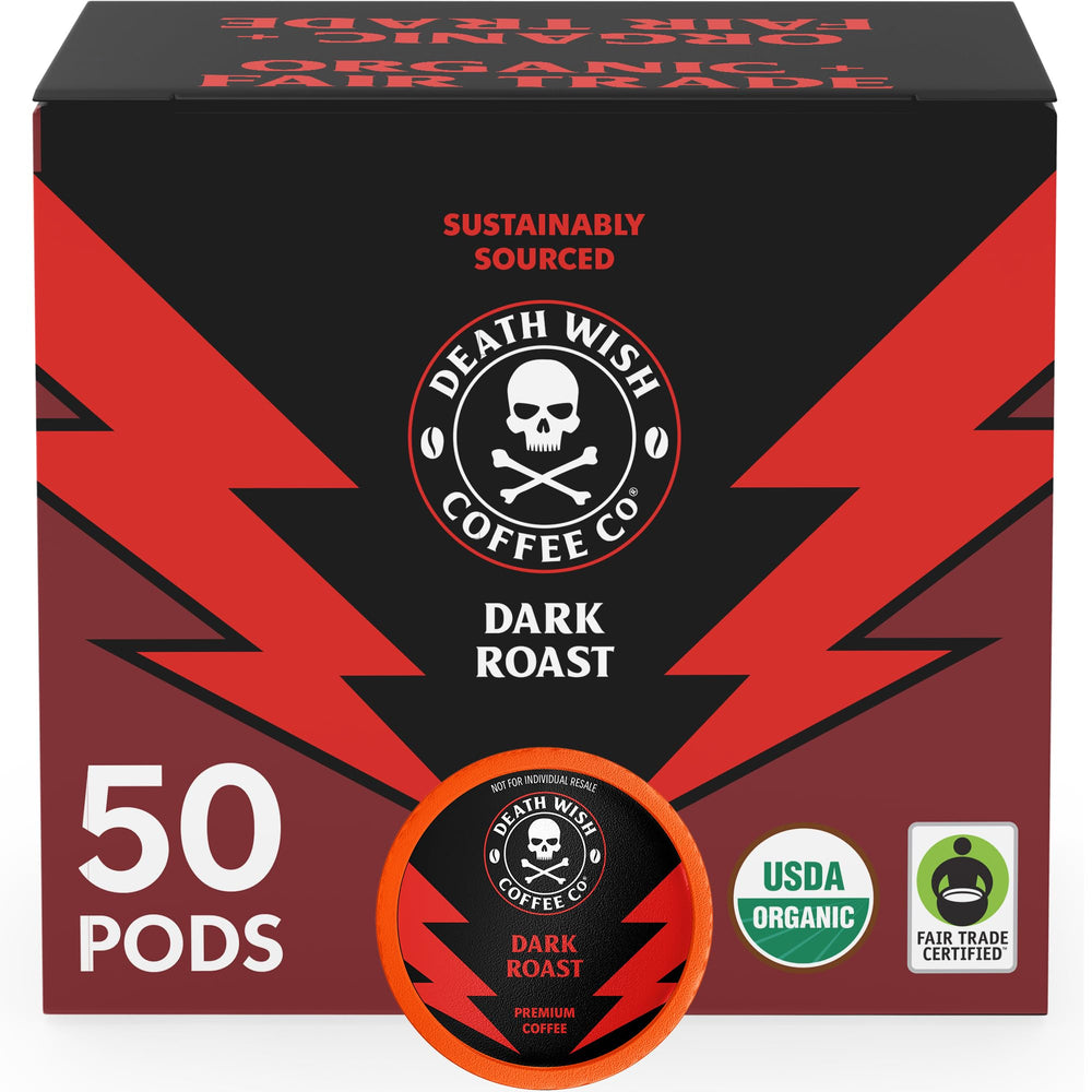 Death Wish Coffee front packaging of 50 pods showing bold branding and convenience benefit