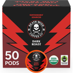 Death Wish Coffee front packaging of 50 pods showing bold branding and convenience benefit