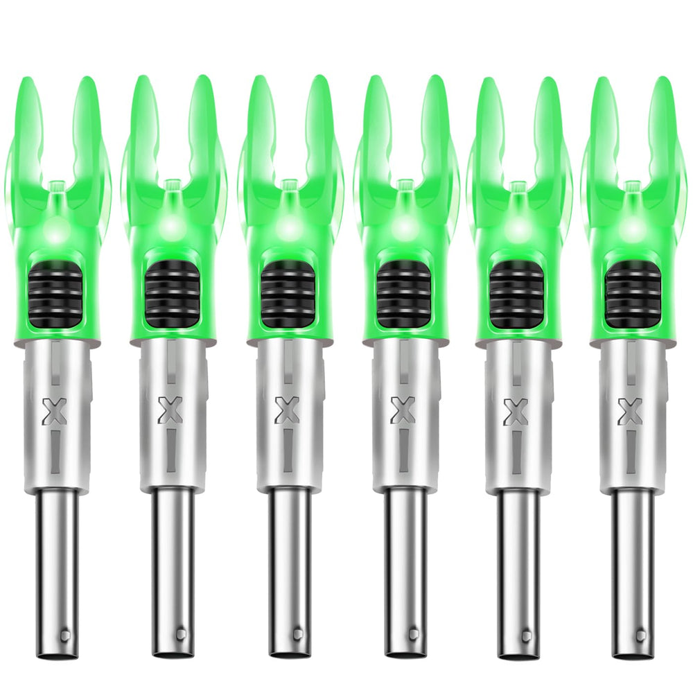 DEEPOWER X front view of 6-pack showing green nocks and packaging, clear product ID and convenience