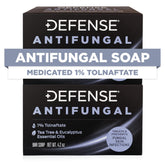 Defense Soap front packaging showing two medicated bars and easy identification benefit
