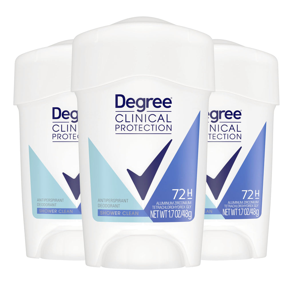 Degree Clinical front packaging showing scent and 3-count value for confidence