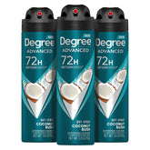 Degree Coconut Rush front packaging showing three cans and brand confidence