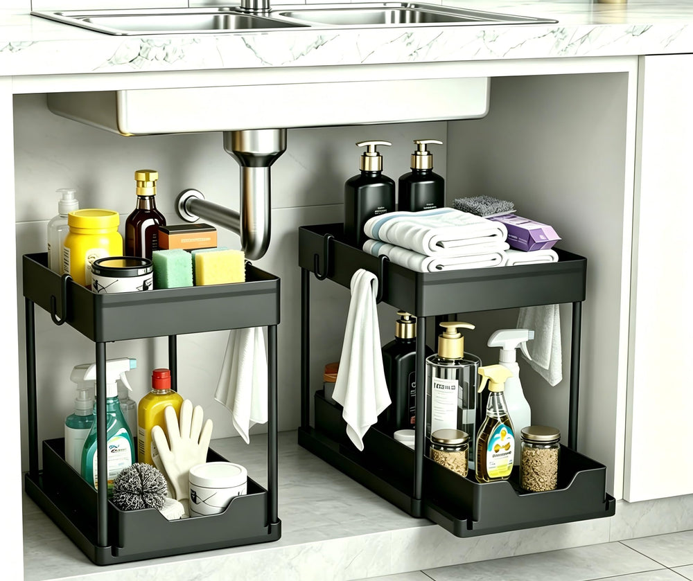 DEKAVA front view of under-sink organizer showing neat storage and quick access