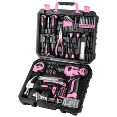 DEKOPRO front view of pink cordless drill kit showing case and organized contents for easy storage