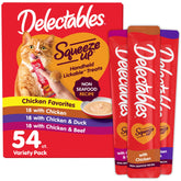 Delectables front packaging showing 54-tube variety pack and convenience