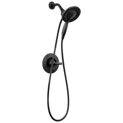 DELTA Arvo front view showing matte black trim and head, modern aesthetic benefit