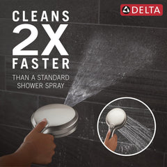 DELTA detached hand shower close-up highlighting ergonomic grip and cleaning reach