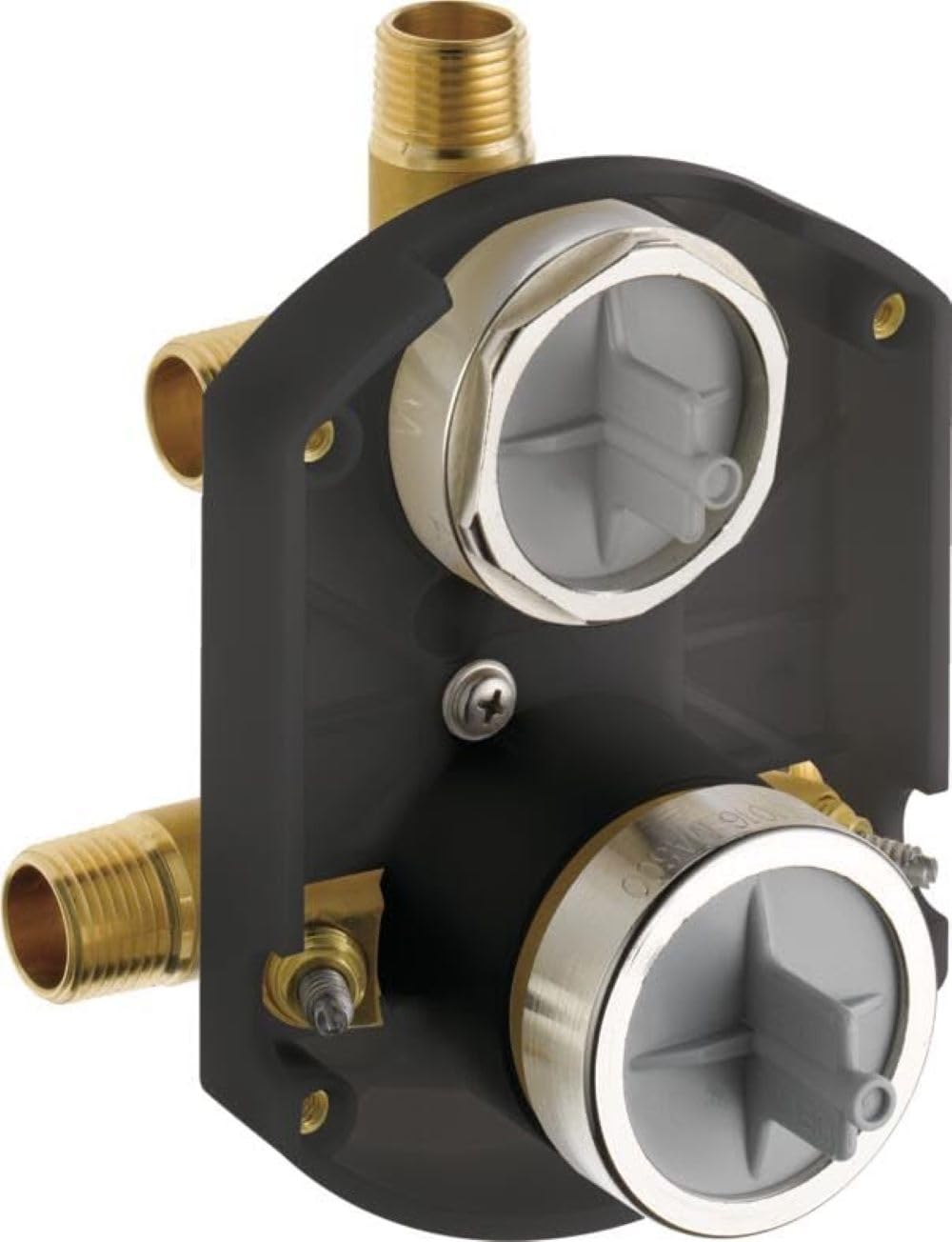 DELTA rough-in front view showing valve layout and durable construction benefit
