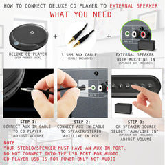 Deluxe Products stereo earbuds next to player for immediate listening benefit