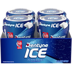 Dentyne front packaging showing four bottles and peppermint freshness benefit