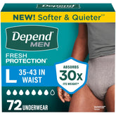 Depend front packaging showing 72-count box and large size benefit: easy stocking