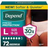 Depend front packaging showing 72-count and large size, confidence at a glance