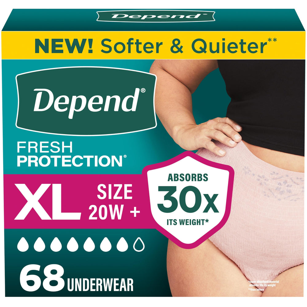 Depend Fresh Protection front packaging showing XL 68 count for easy identification and convenience