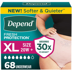 Depend Fresh Protection front packaging showing XL 68 count for easy identification and convenience