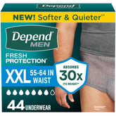 Depend front packaging showing XXL 44 count and product benefits