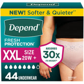 Depend Fresh Protection front pack showing count and size, promotes discreet confidence