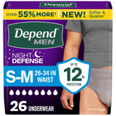 Depend front packaging showing 26-count and size S/M benefit clear product info