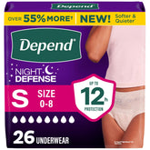 Depend front packaging showing small 26 count for overnight protection