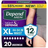 Depend front packaging shows XL 20-count and overnight protection benefit