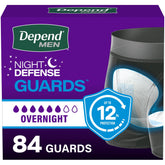 Depend front packaging showing 84-count overnight guards and easy rest